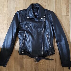 Black Leather Biker Jacket Size XS